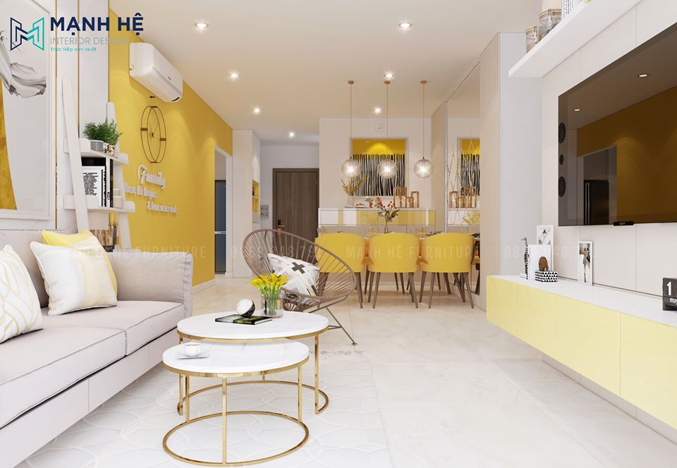 Không gian phòng khách liên bếp ăn